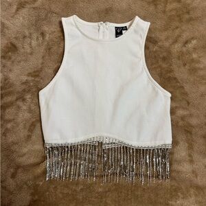 Windsor White Crop Top with Silver Fringe